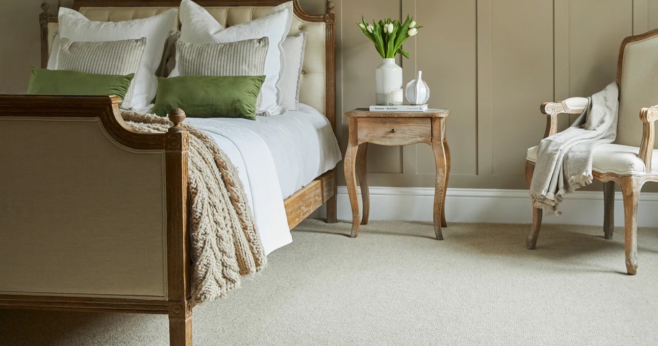 Soft beige bedroom carpet professionally fitted by KSC Carpets
