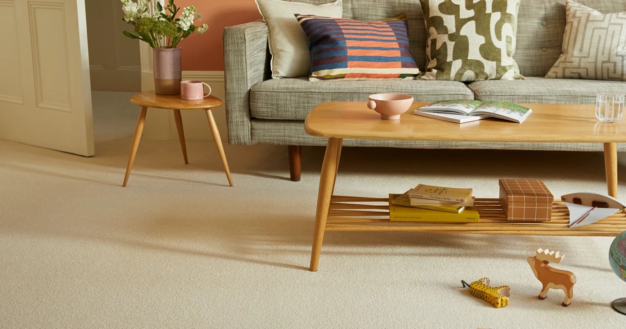 Cream wool carpet fitted in a family lounge in South Wales