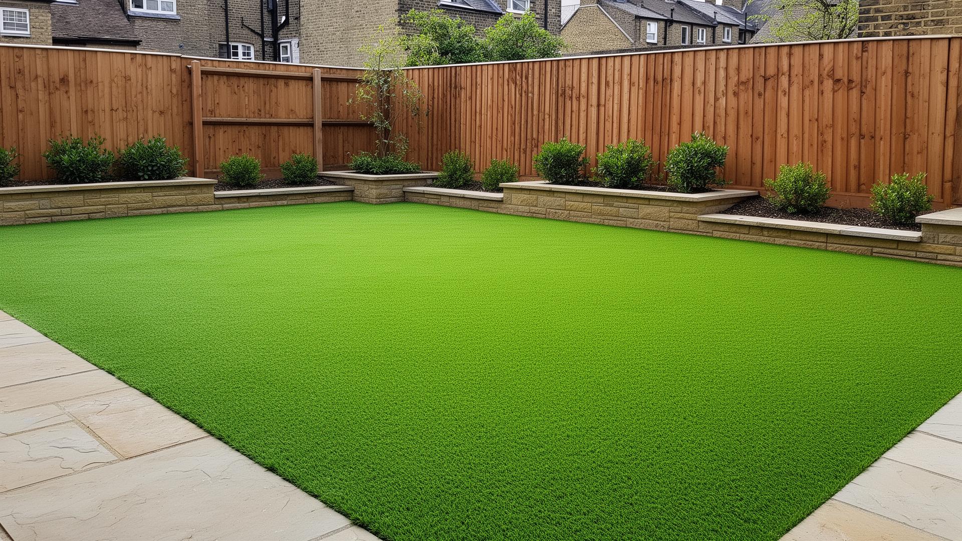 Pristine artificial grass lawn laid in a landscaped back garden with stone patio