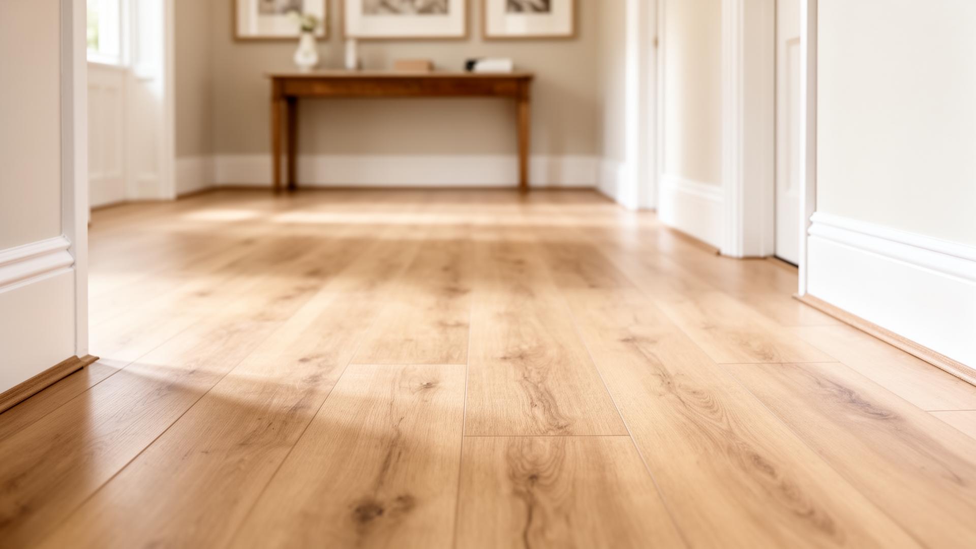 Light oak laminate plank flooring fitted wall-to-wall in a bright hallway